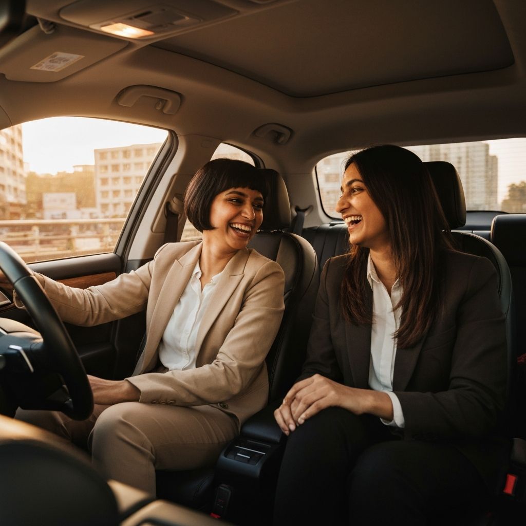 Women professionals commuting safely together